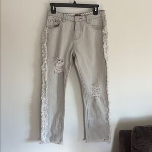 POL Women's Lace Trimmed Distressed Straight Leg Jeans Light Grey Wash Sz S